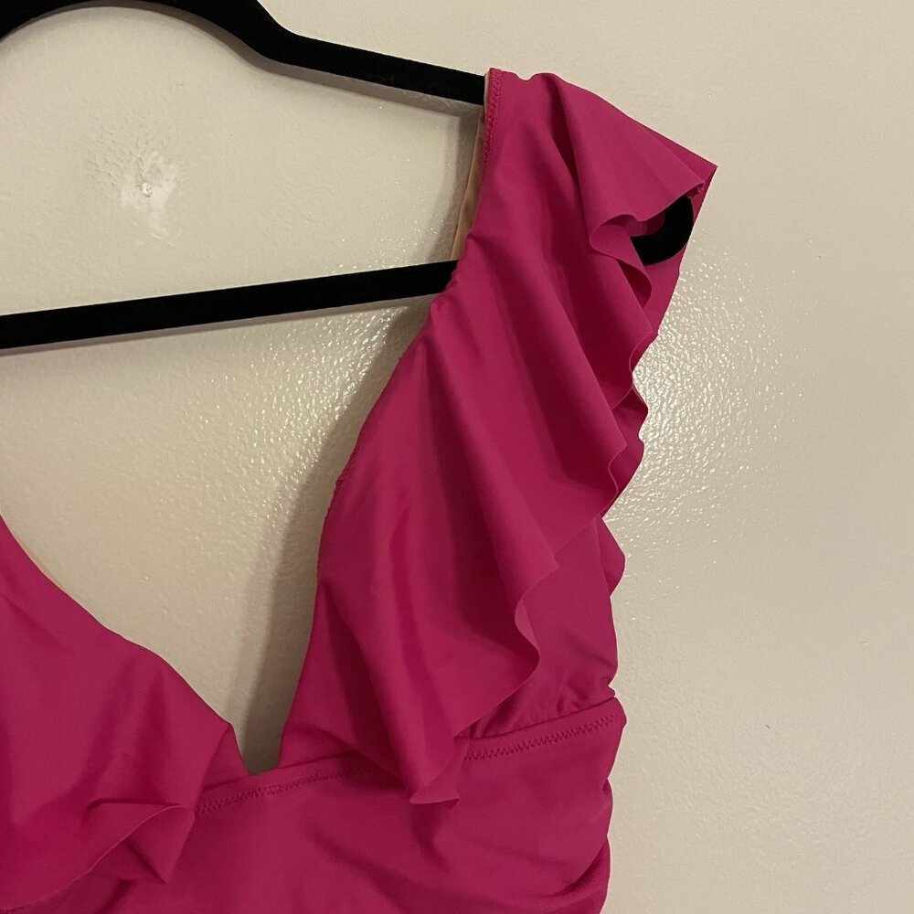 J.Crew Women 4 Radiant Fuchsia Deep V-Neck Ruched Ruffle One-Piece Swimsuit NWT - Picture 5 of 13